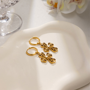 1 Paire De Boucles D'Oreilles Pendantes Luxueuses En Acier Inoxydable Doré, Imperméables, Avec Croix. h5 Image5