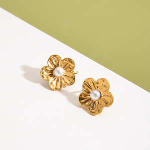 1 Paire De Boucles D'Oreilles À Clip Pour Femme, En Acier Inoxydable Doré, Motif Floral Romantique h5 Image4