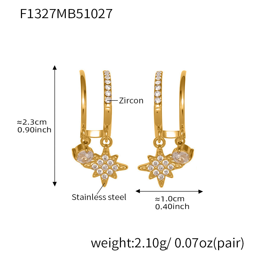 Boucles D'Oreilles Pendantes Pour Femme, En Acier Inoxydable Doré, Imperméables, Ornées De Zircon, Motif Étoile Brillante (1 Paire). Image2