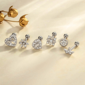 Boucles D'Oreilles Piercing Pour Femme, Luxueuses, En Forme De Cœur Et De Fleur, Couleur Cuivre Doré, Avec Zircon (1 Pièce). h5 Image5