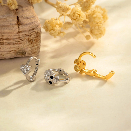 Boucles d'oreilles créoles pour femme, motif cœur, crâne et croix, couleur cuivre doré, zircon. 2