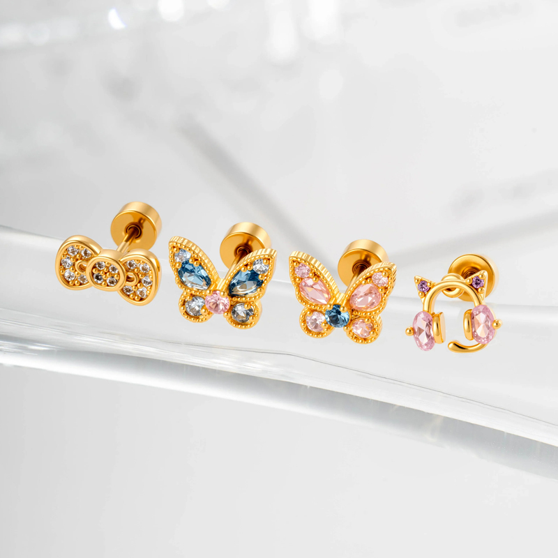 Boucles D'Oreilles Piercing Femme, Nœud Papillon, Couleur Cuivre Doré, Zircon (1 Pièce) h5Image4