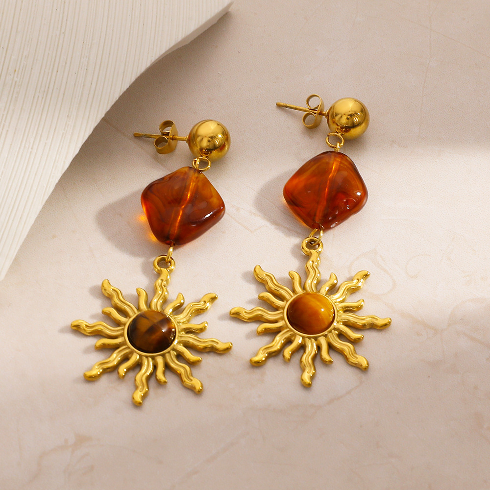 Boucles D'Oreilles Pendantes Pour Femme, Collection Ethnique Daily Sun, En Acier Inoxydable Étanche (1 Paire). Image3