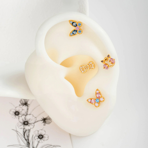 Boucles D'Oreilles Piercing Femme, Nœud Papillon, Couleur Cuivre Doré, Zircon (1 Pièce) h5 Image5