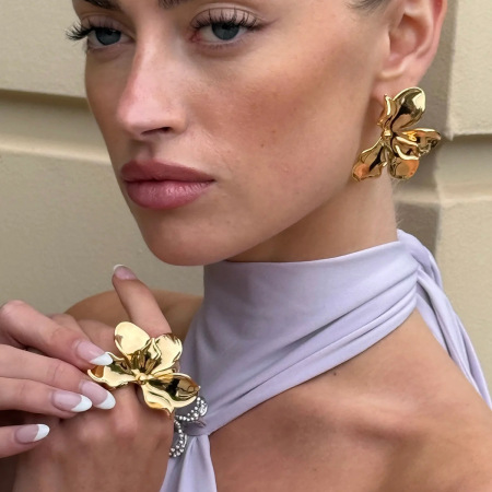 Ensembles de bijoux sophistiqués pour femmes en acier inoxydable, imperméables, couleur or, avec motif floral.