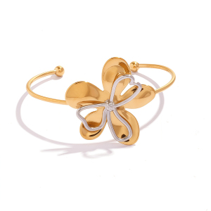 Bracelet Rétro Fleuri Pour Femme, En Acier Inoxydable, Étanche, Couleur Or (1 Pièce) h5 Image2