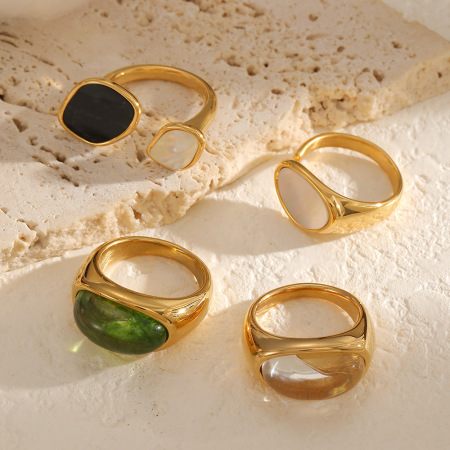 Bague ronde en acier inoxydable, étanche, couleur or, avec coquillage en acrylique. 2