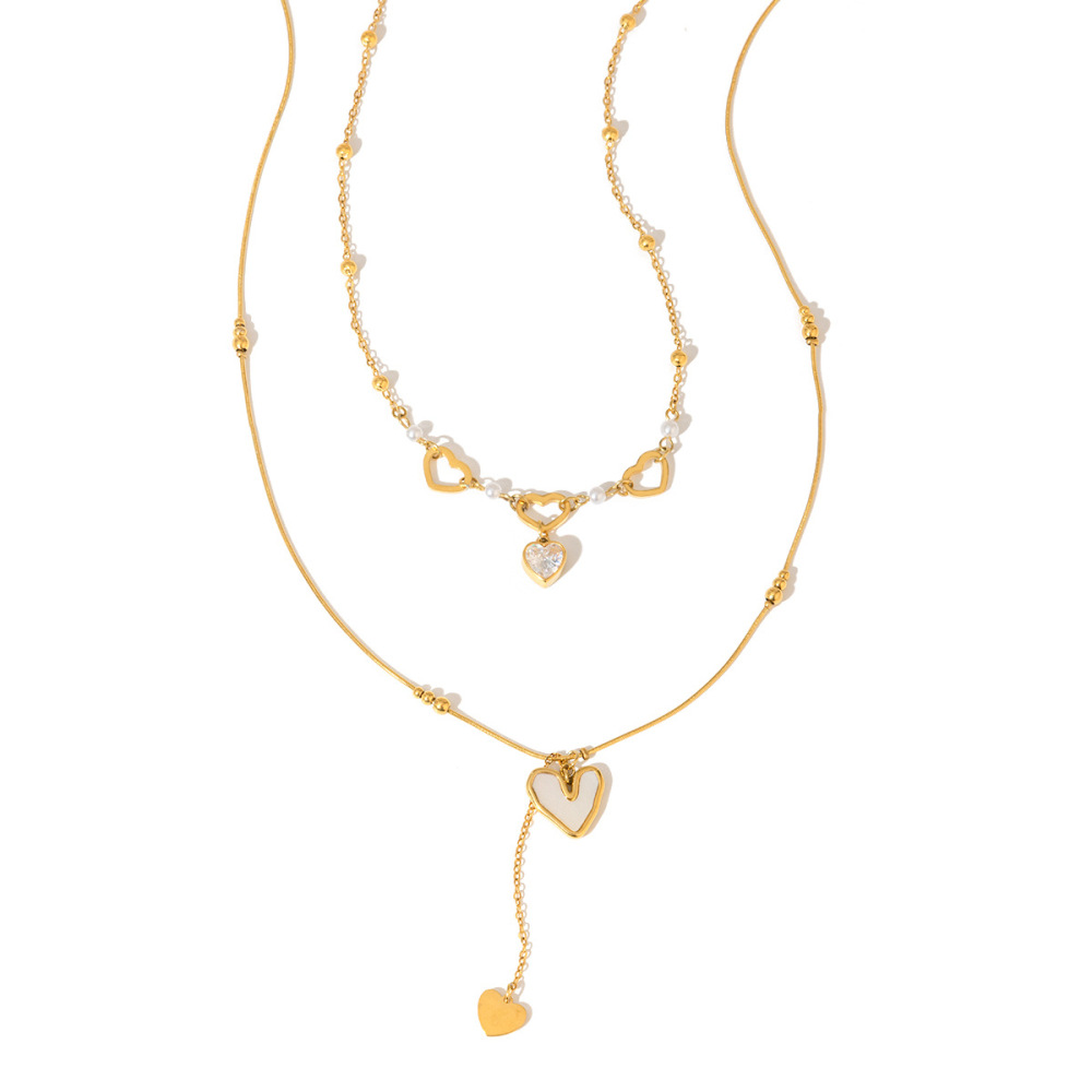 Collier À Plusieurs Rangs Pour Femme, En Acier Inoxydable Doré, Orné D'Un Zircon Et D'Un Délicat Cœur. 