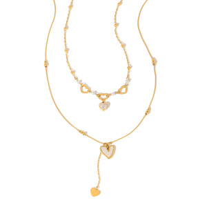Collier À Plusieurs Rangs Pour Femme, En Acier Inoxydable Doré, Orné D'Un Zircon Et D'Un Délicat Cœur. h5 