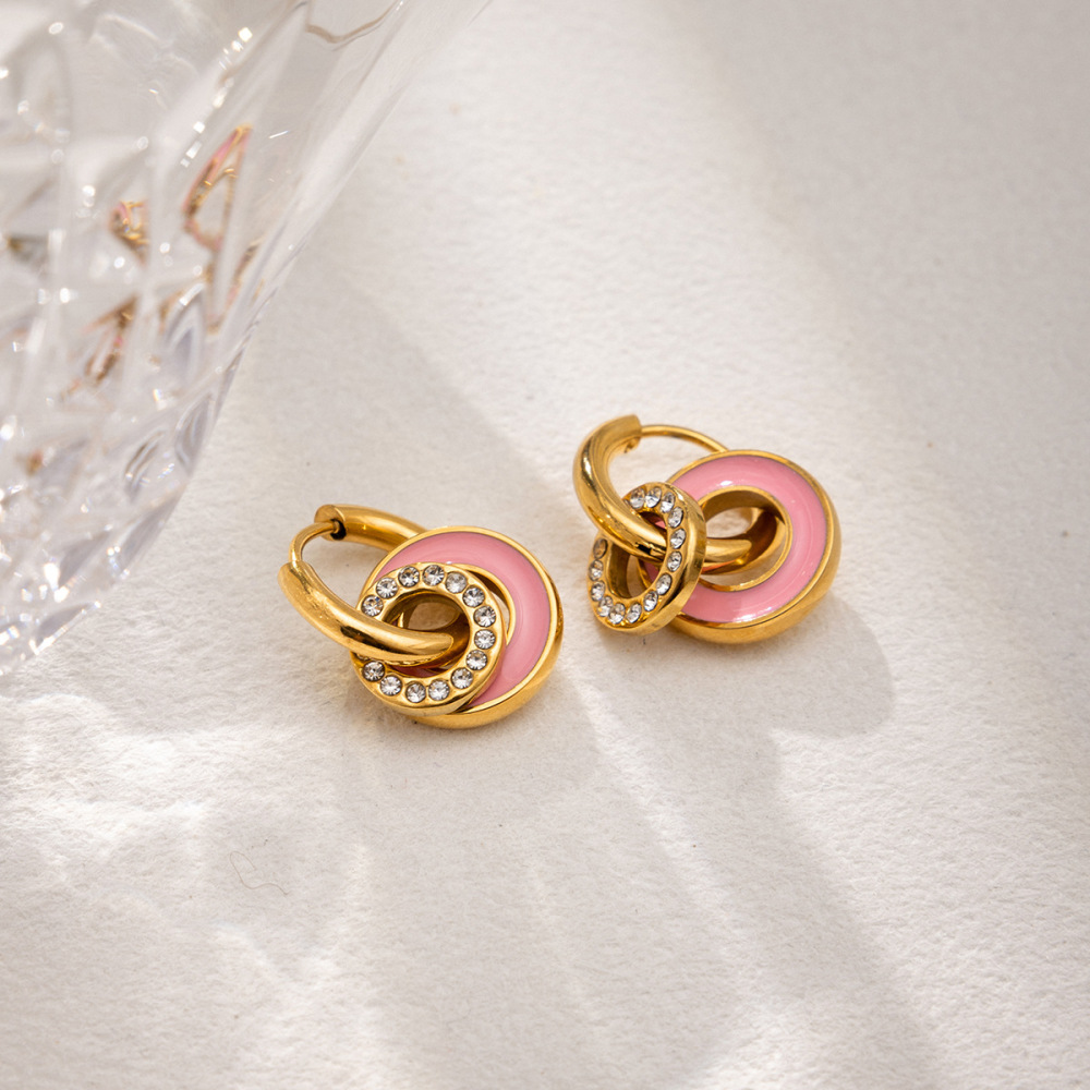 Boucles D'Oreilles Pendantes Pour Femme, Double Cercle Éclatant, En Acier Inoxydable Étanche, Couleur Or (1 Paire) Image3