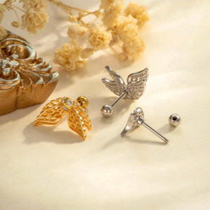 Boucles D'Oreilles Piercing Femme, 1 Pièce, Motif Ailes De Feuilles Polies, Couleur Cuivre Doré, Zircon. h5 Image4