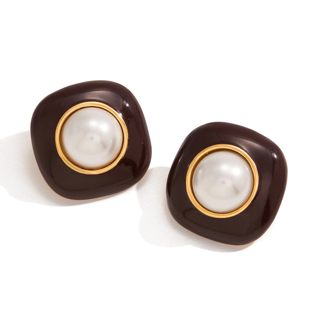1 Paire De Boucles D'Oreilles Puces Carrées Rétro En Acier Inoxydable Étanche Couleur Or Pour Femme