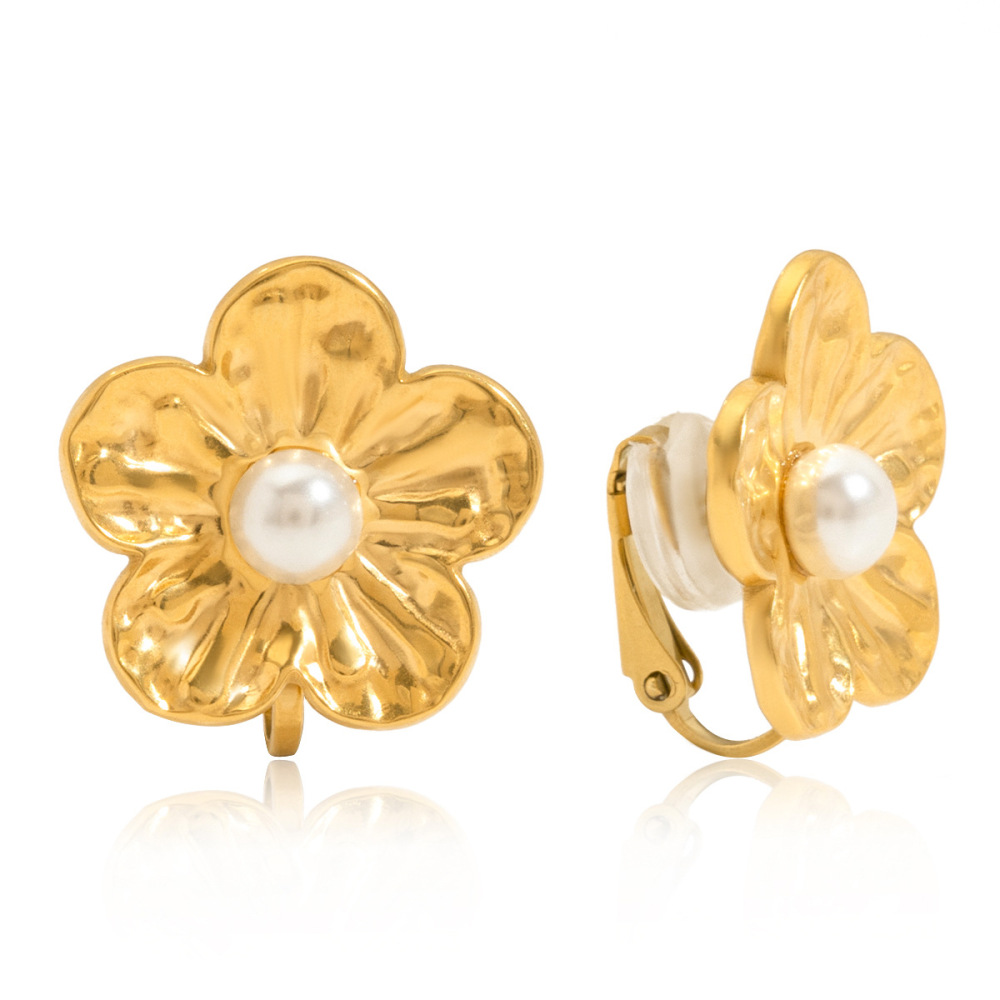 1 Paire De Boucles D'Oreilles À Clip Pour Femme, En Acier Inoxydable Doré, Motif Floral Romantique 