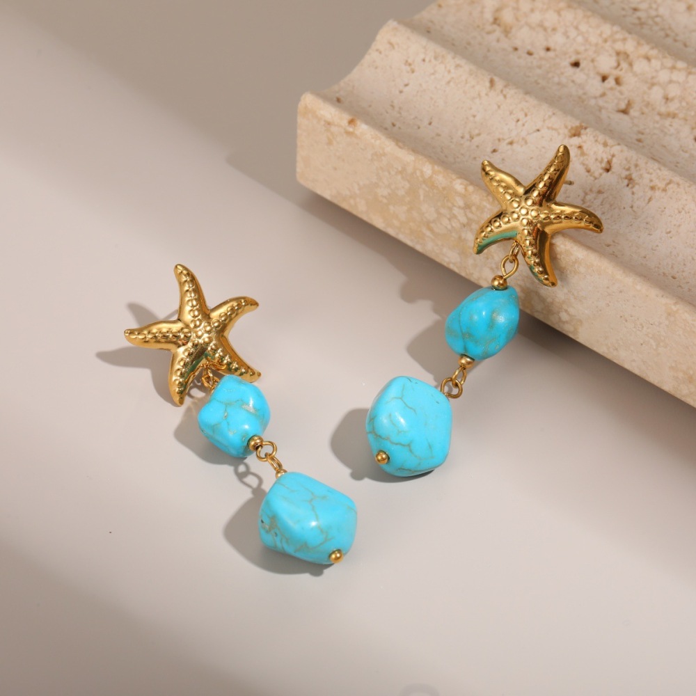 Boucles D'Oreilles Pendantes Pour Femme, Motif Tortue Et Étoile De Mer, En Acier Inoxydable Étanche, Motif Romantique De Vacances (1 Paire). h5Image4