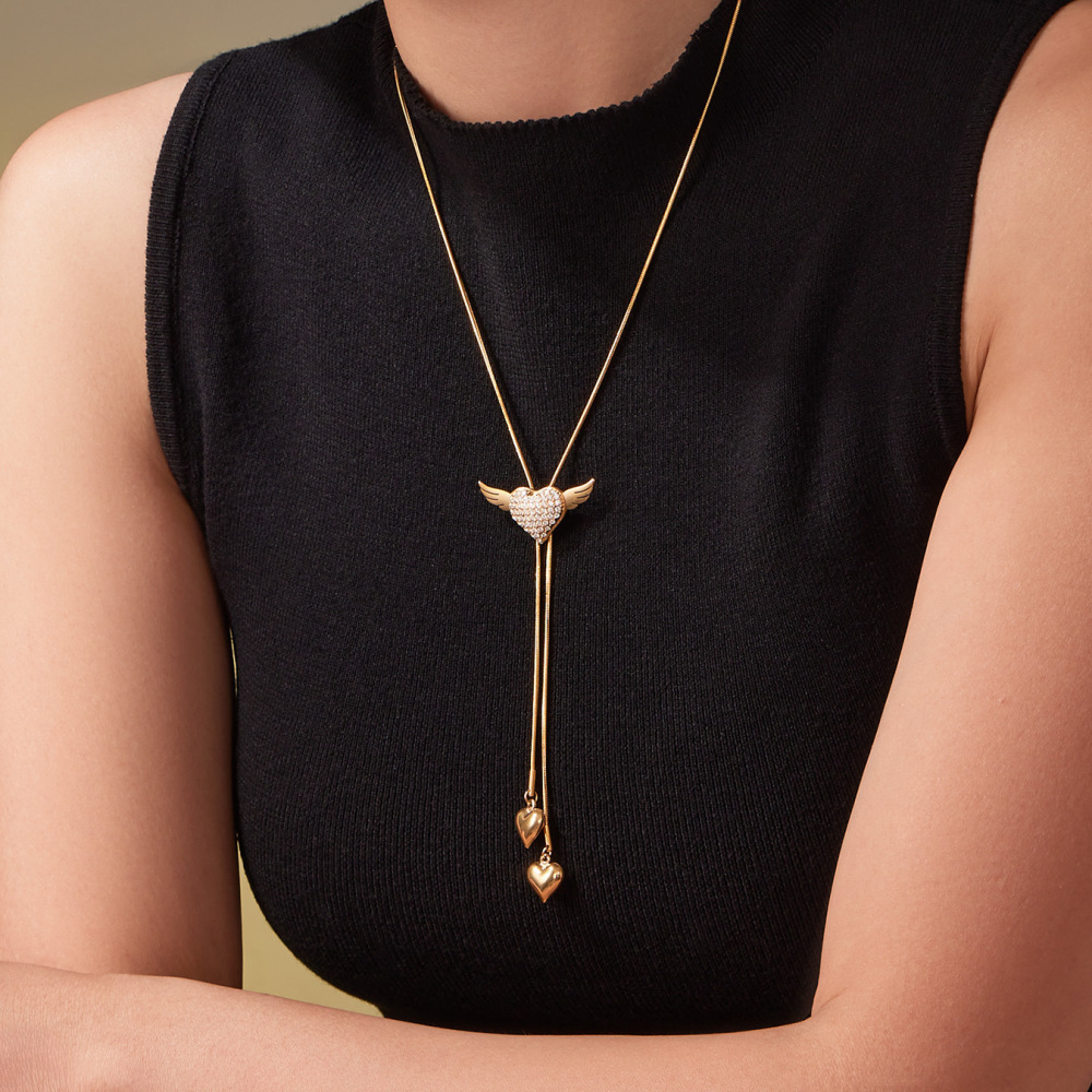 Collier Long Pour Femme, Orné D'Un Cœur Romantique Et De Balançoires, En Acier Inoxydable Étanche Couleur Or Et Zircon. Image4