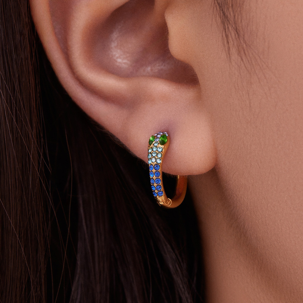 1 Paire De Boucles D'Oreilles Créoles Glamour En Acier Inoxydable Doré, Ornées D'Un Serpent En Zircon, Pour Femme. h5Image4