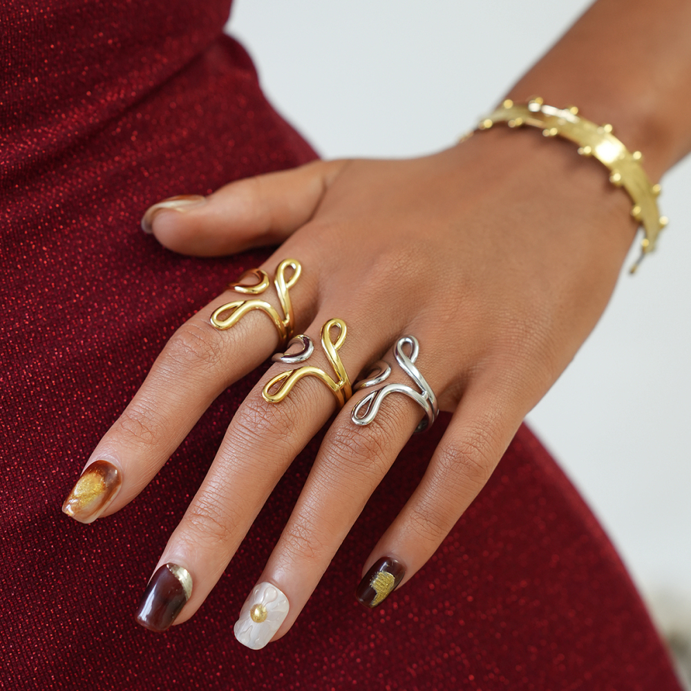 Bague Femme Tendance, 1 Pièce, Lignes Simples Et Irrégulières, En Acier Inoxydable Étanche Couleur Or Image6