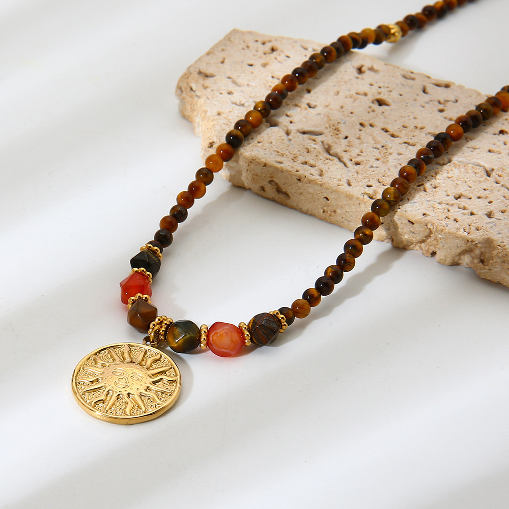 Collier Pendentif Femme Rétro En Perles Soleil Et Pierres Naturelles, Coloris Unique h5Image5