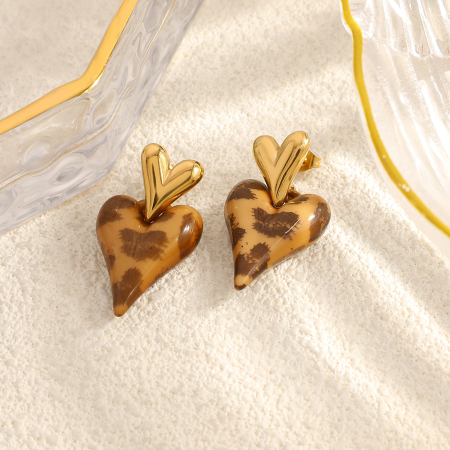 1 paire de boucles d'oreilles ethniques quotidiennes à motif léopard et cœur, en acier inoxydable étanche pour femme