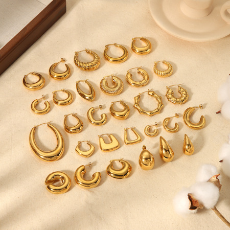 1 paire de boucles d'oreilles créoles modernes pour femmes, en acier inoxydable étanche, couleur or. 2