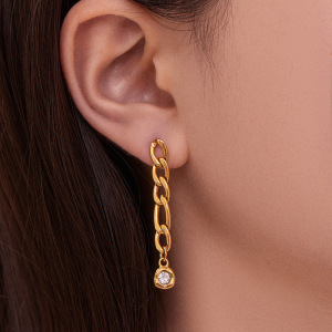 Boucles D'Oreilles Pendantes Pour Femme, En Acier Inoxydable Doré, Avec Zircon Et Chaîne Simple (1 Paire). h5 Image3