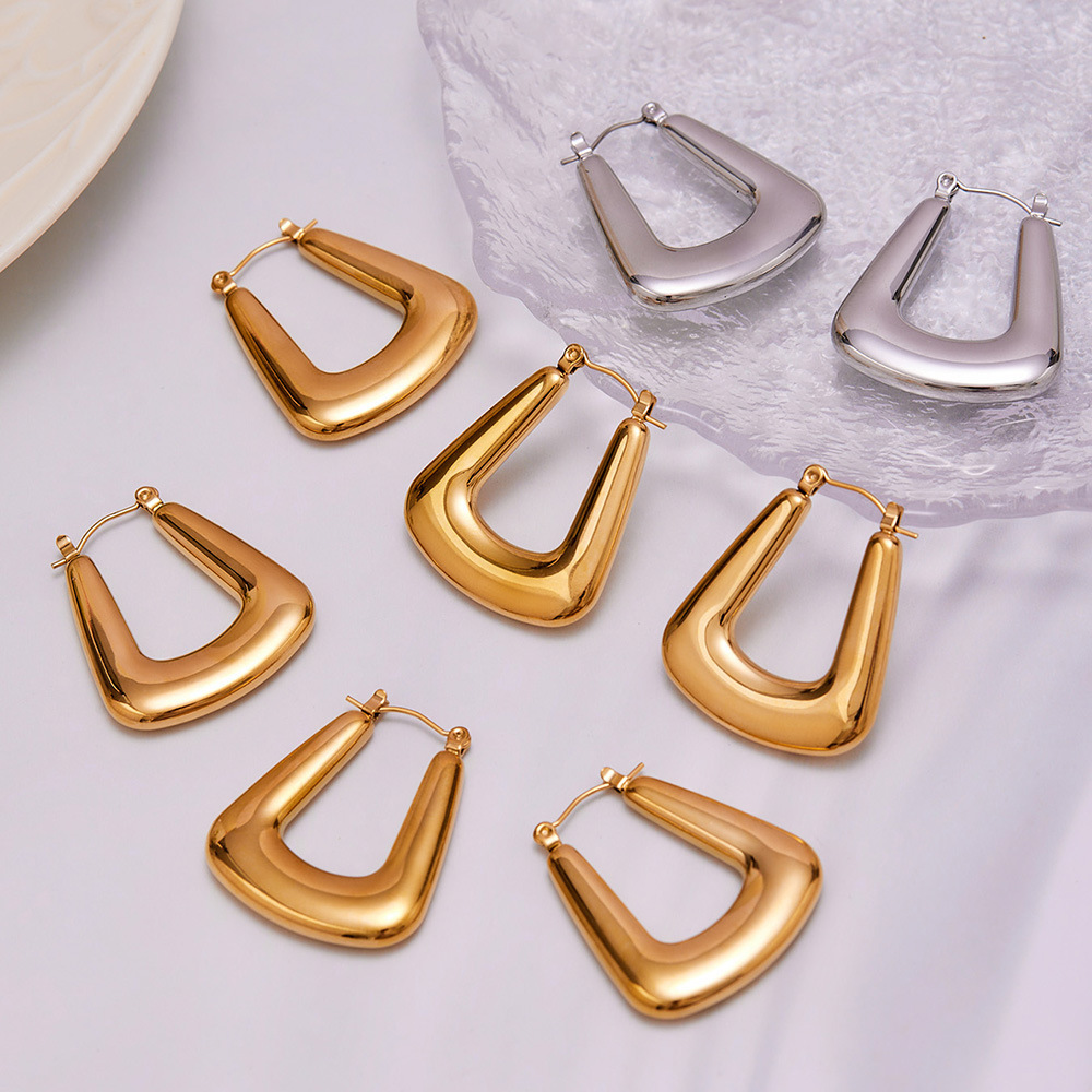 1 Paire De Boucles D'Oreilles Créoles Modernes Pour Femmes, En Acier Inoxydable Doré, Résistantes À L'Eau. Image3