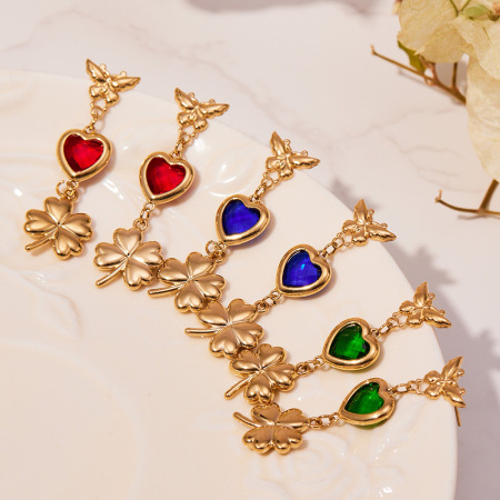 Boucles d'oreilles pendantes élégantes pour femme, en verre, en forme de cœur et de trèfle, en acier inoxydable étanche, couleur or (1 paire). 2