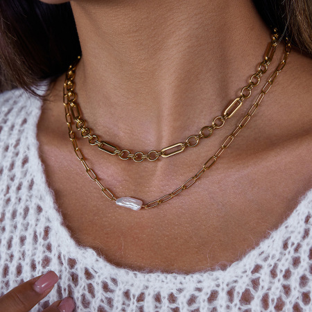 Collier élégant pour femme, en acier inoxydable, couleur or, avec perle et étanchéité (1 pièce)