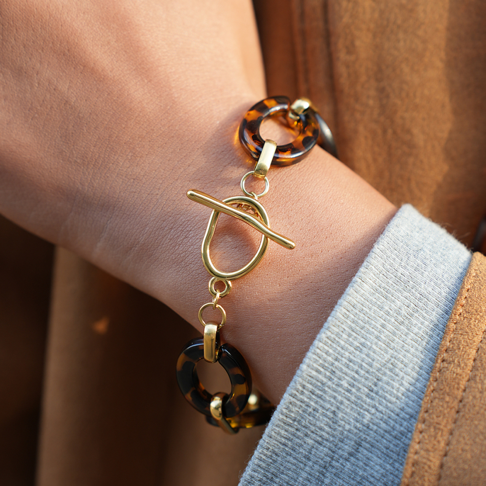 Bracelet Chaîne Femme En Acier Inoxydable Doré, Imprimé Léopard Rétro (1 Pièce). Image5