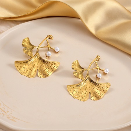 1 paire de boucles d'oreilles à clous en acier inoxydable doré, imperméables, style rétro feuille, avec perles 2