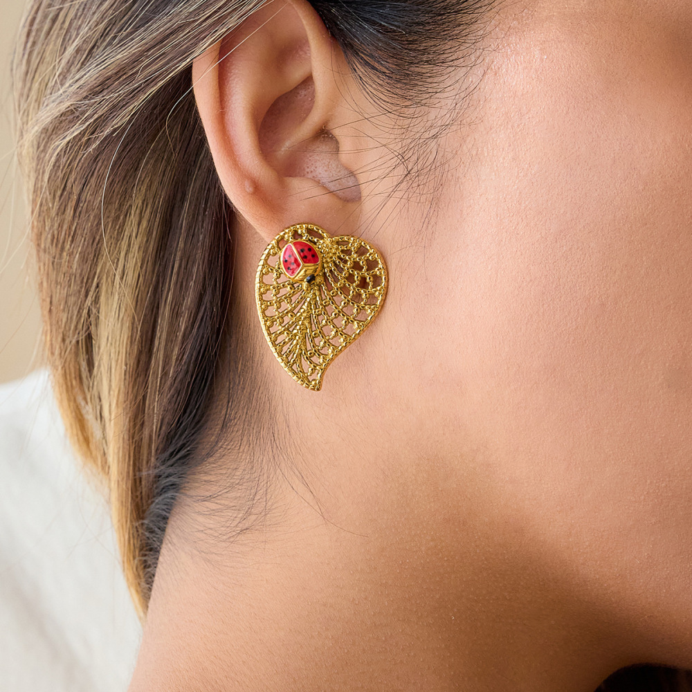 Boucles D'Oreilles Puces Leaf&Beetle Pour Femme, En Acier Inoxydable Étanche, Couleur Or (1 Paire) Image3