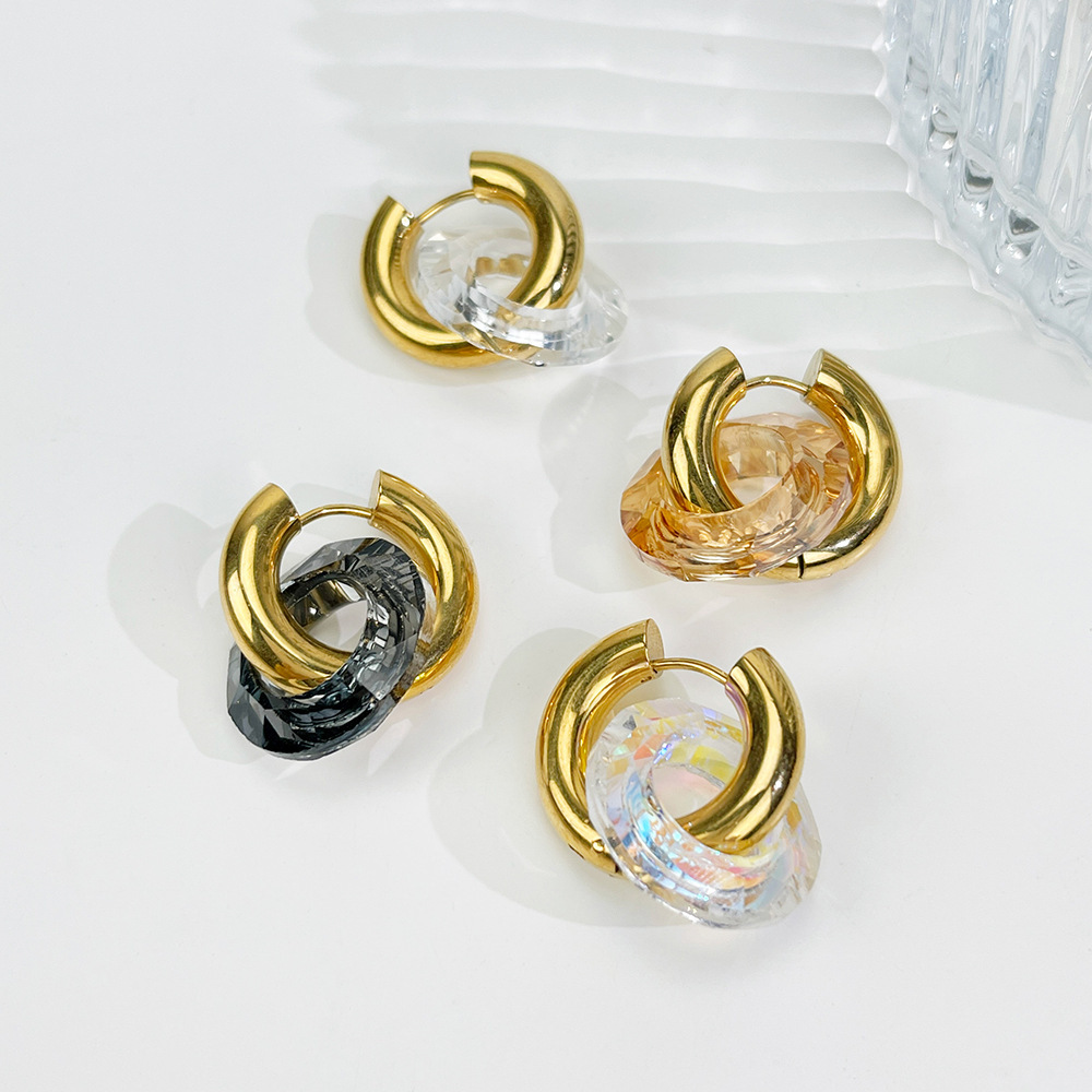 Boucles D'Oreilles Pendantes Rondes En Acier Inoxydable, Étanches, Couleur Or, Avec Verre (1 Paire) Image5