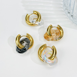 Boucles D'Oreilles Pendantes Rondes En Acier Inoxydable, Étanches, Couleur Or, Avec Verre (1 Paire) h5 Image5