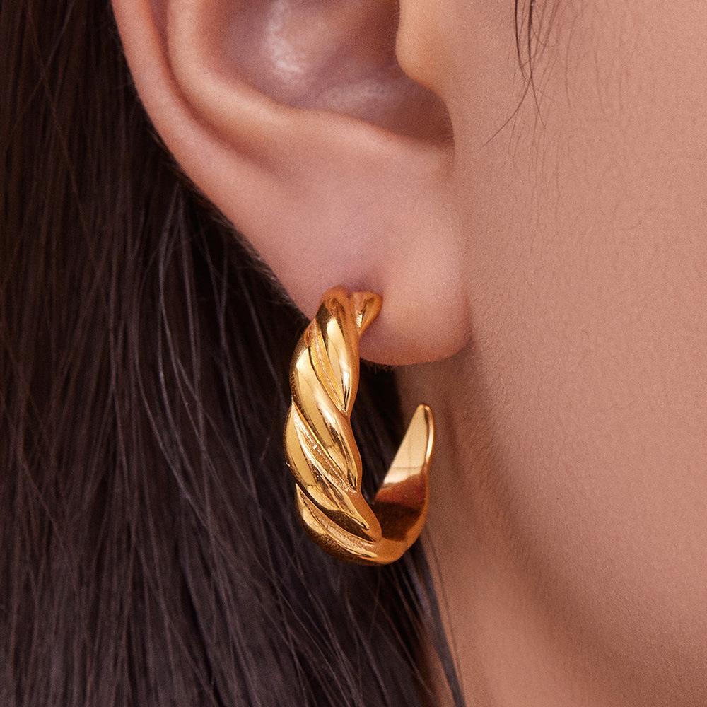 1 Paire De Boucles D'Oreilles Créoles Torsadées Pour Femme, En Acier Inoxydable Étanche, Couleur Or. Image3
