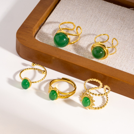 Bague pour femme en acier inoxydable, ornée d'une élégante pierre précieuse, en agate verte légère et luxueuse (1 pièce). 2