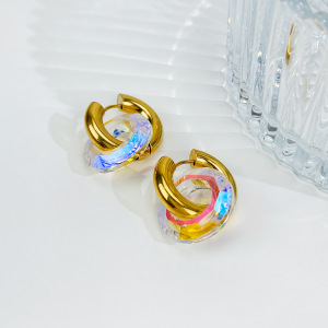Boucles D'Oreilles Pendantes Rondes En Acier Inoxydable, Étanches, Couleur Or, Avec Verre (1 Paire) h5 