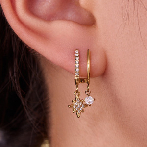 Boucles D'Oreilles Pendantes Pour Femme, En Acier Inoxydable Doré, Imperméables, Ornées De Zircon, Motif Étoile Brillante (1 Paire). h5 Image5