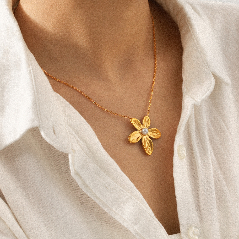 Collier Pendentif Fleur Et Perle En Acier Inoxydable Étanche, Couleur Or (1 Pièce) Image5