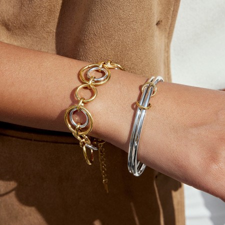 Bracelet classique rond en acier inoxydable étanche, couleurs or et argent, pour femme (1 pièce). 2