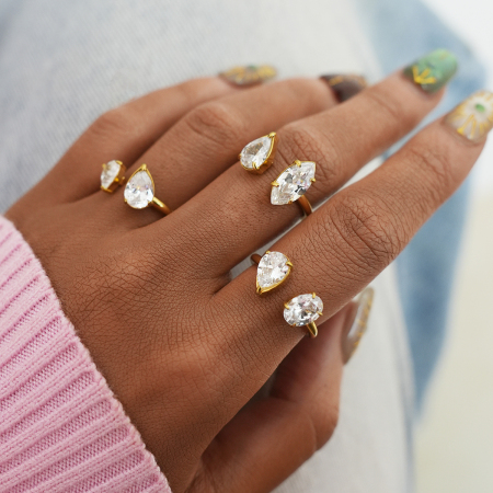 Bague de luxe pour femme, en acier inoxydable doré, avec motif goutte d'eau. 2