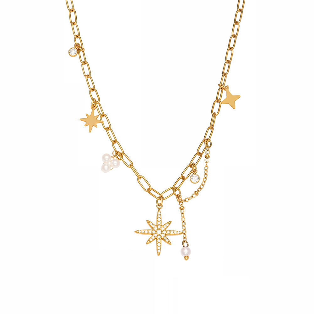 Collier Pendentif Femme En Acier Inoxydable Doré, Orné D'Une Étoile À Huit Branches Et D'Un Zircon, 1 Pièce 