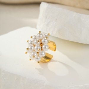 Bague Perlée Pour Femme, En Acier Inoxydable Étanche, Ornée D'Un Motif Floral Délicat (1 Pièce). h5 Image3