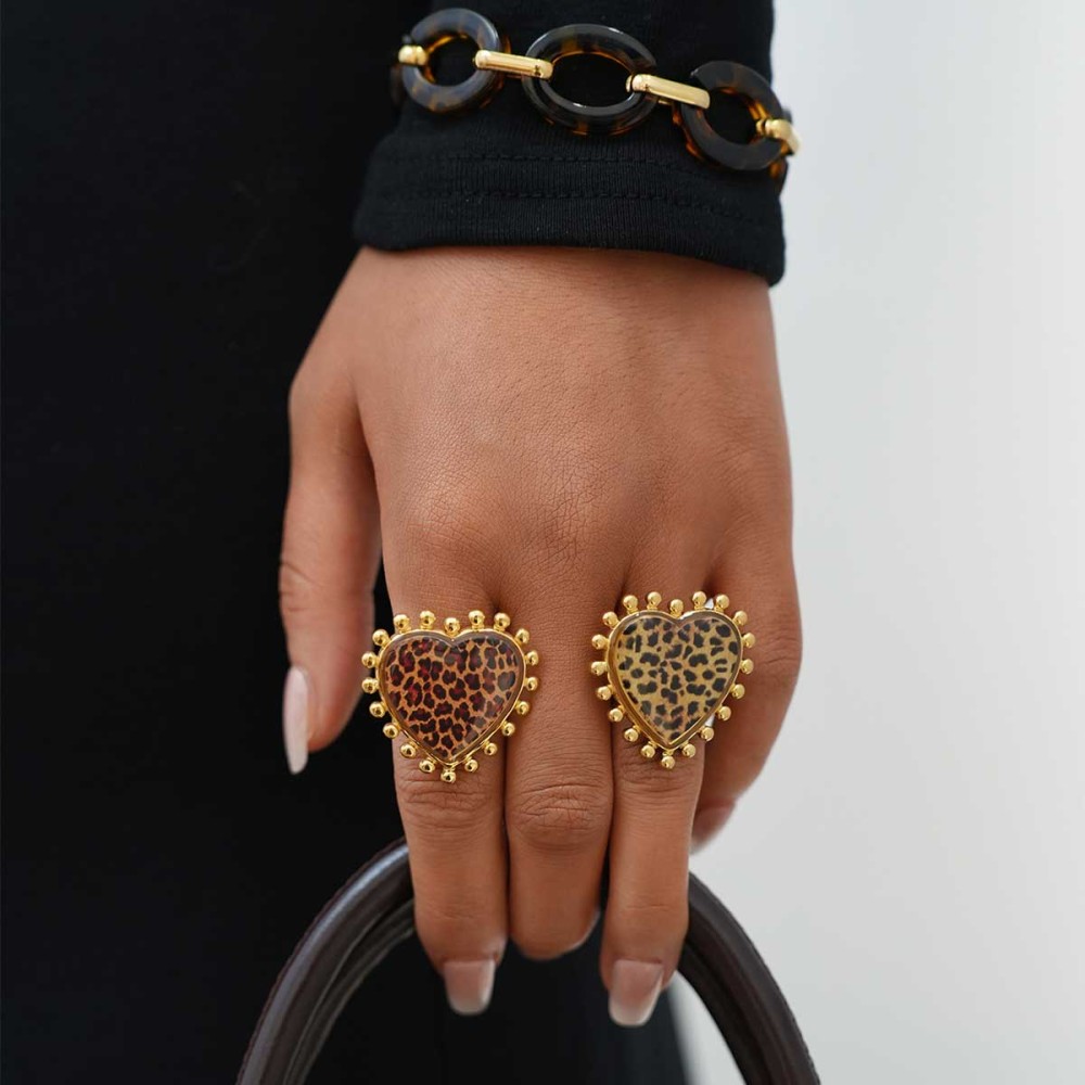 Bague Tendance Rétro En Acier Inoxydable Doré, Imprimé Léopard Et Grand Cœur Image4