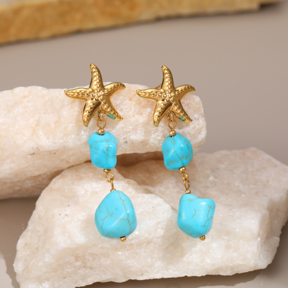 Boucles D'Oreilles Pendantes Pour Femme, Motif Tortue Et Étoile De Mer, En Acier Inoxydable Étanche, Motif Romantique De Vacances (1 Paire). h5Image3