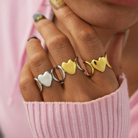 Bague femme élégante et simple en forme de cœur, en acier inoxydable étanche couleur or (1 pièce).