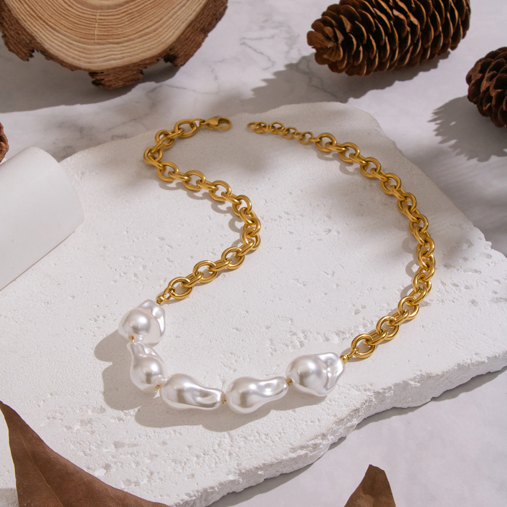 Collier En Acier Inoxydable Doré, Imperméable, Avec Une Chaîne De Perles (1 Pièce). h5Image3