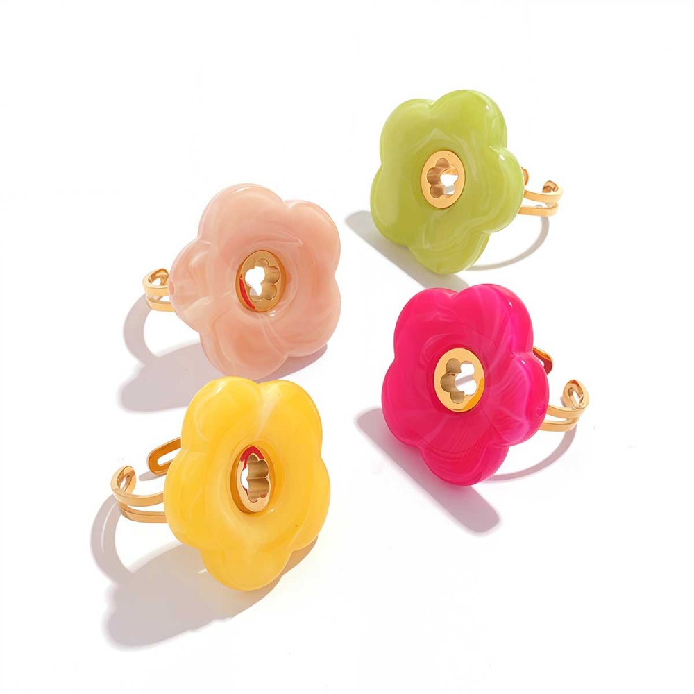 Bague Tendance En Acier Inoxydable Doré, Ornée D'Une Fleur Acrylique Colorée (1 Pièce). Image4