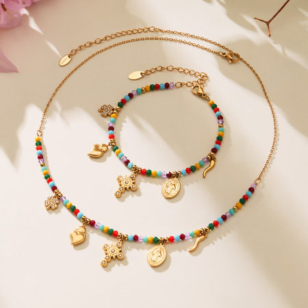 Collier de perles pour femme, orné d'une croix charmante en pierre naturelle et d'acier titane couleur or (1 pièce) 2