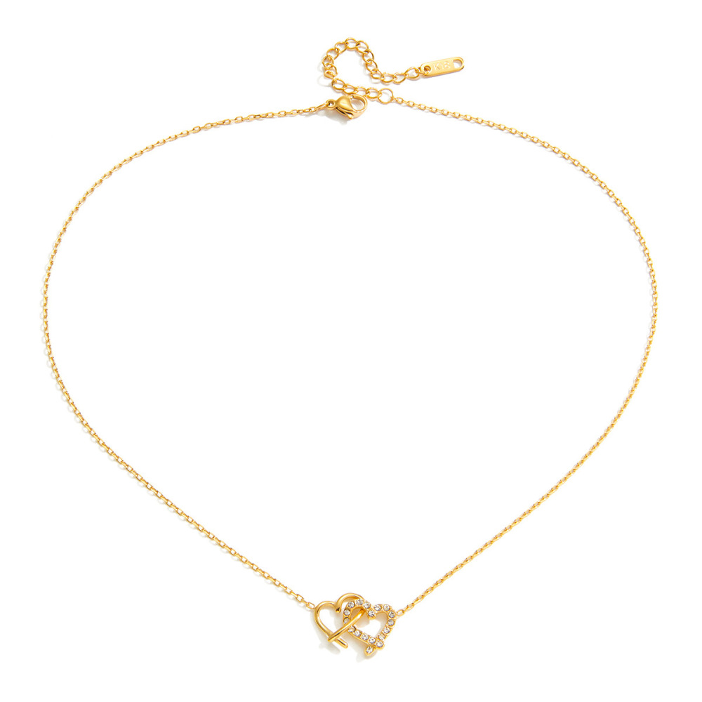 Collier Pendentif Romantique Double Cœur En Acier Inoxydable Étanche Couleur Or Avec Zircon Pour Femme (1 Pièce) 