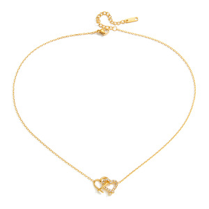 Collier Pendentif Romantique Double Cœur En Acier Inoxydable Étanche Couleur Or Avec Zircon Pour Femme (1 Pièce) h5 